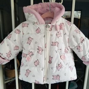 London Fog winter coat with car bag/bunting, white w/ pink dogs & ears, 0-6 mos